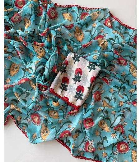 Light Blue Floral Georgette Saree with Kalamkari-Inspired Prints & Foil Mirror