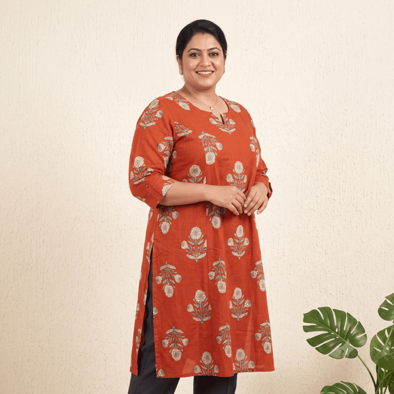 Anvita plus size kurti Rust Orange Floral Block