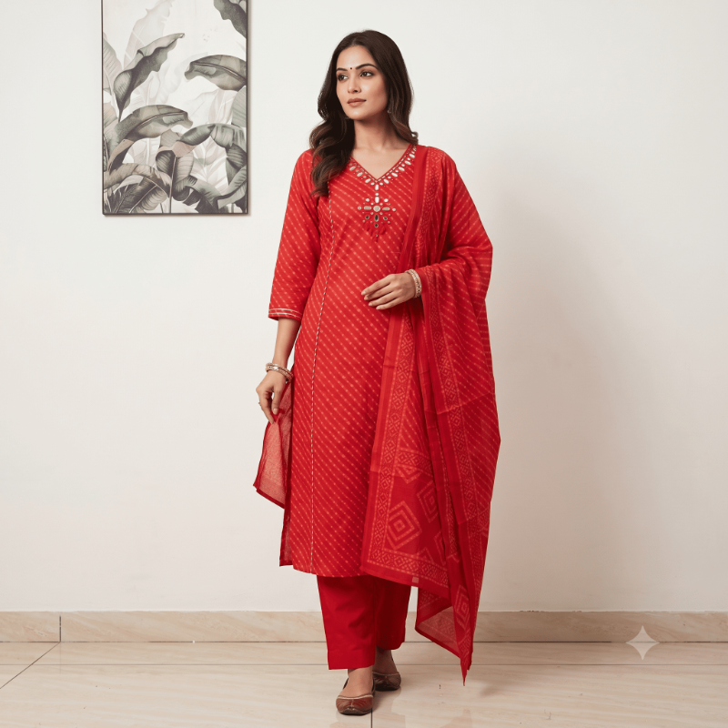 Vibrant Red Leheriya Print 3-Piece Kurta Set with Mirror Work Neckline