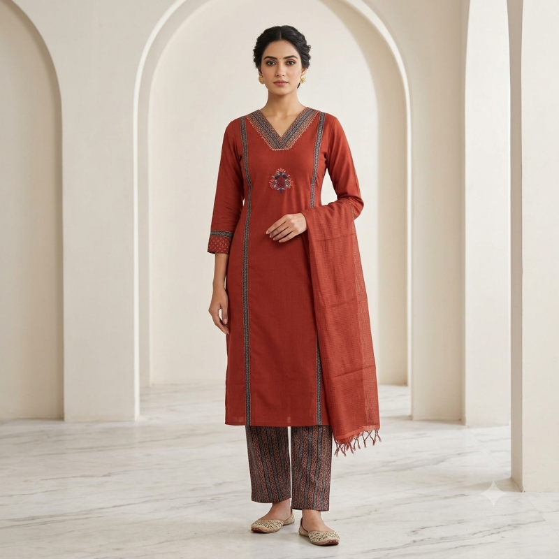 Red Embroidered Kurta Set with Printed Pants & Textured Dupatta