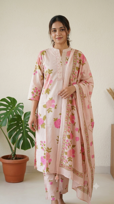 Blush Pink Floral Block Print 3-Piece Kurta Set
