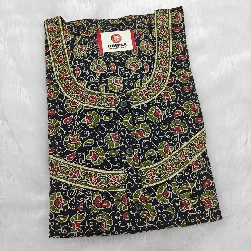 Black Kalamkari Print Cotton Nighty