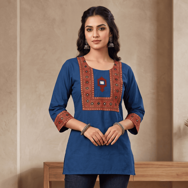 Royal Blue Ethnic Printed Yoke Short Kurti