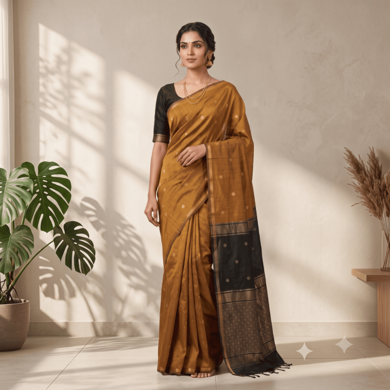 Semi Maheshwari Cotton Saree – Mustard Gold & Black