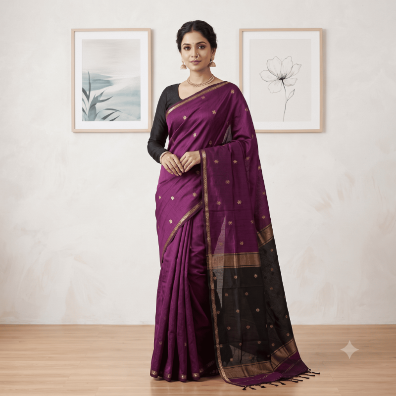 Semi Maheshwari Royal Deep Wine Purple & Black Saree
