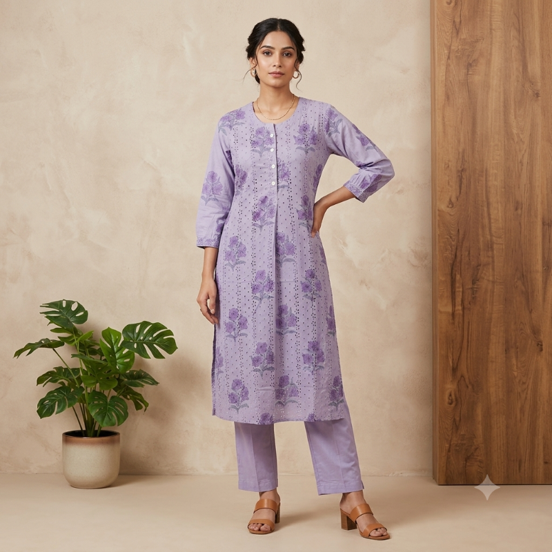 Lilac Floral 2-Piece Kurta Set (Chikankari-inspired)