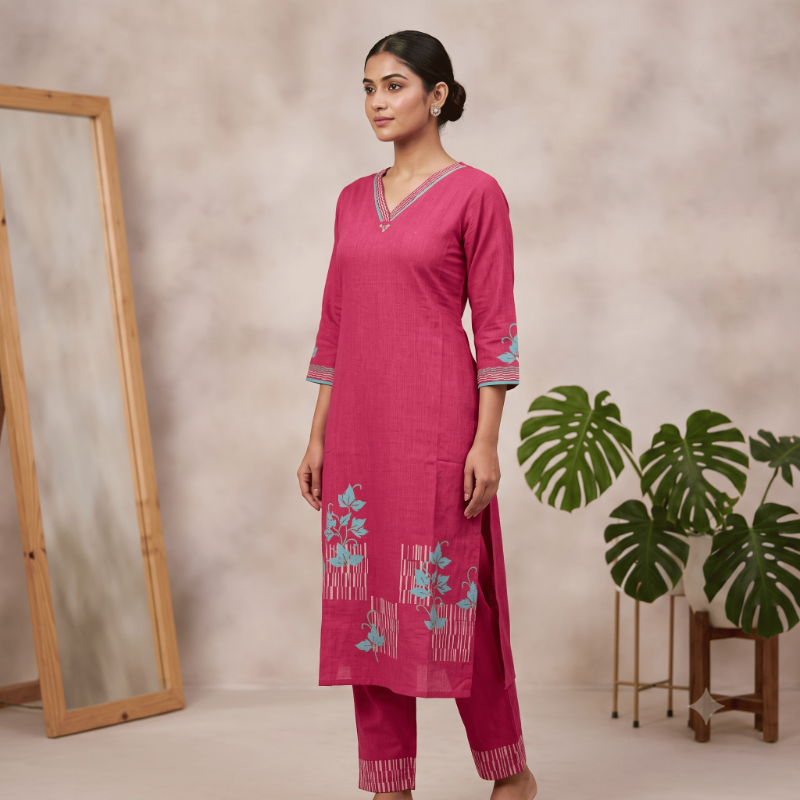 Anvita Deep Magenta-Pink Cotton Kurta Set with Teal Leaf Accents