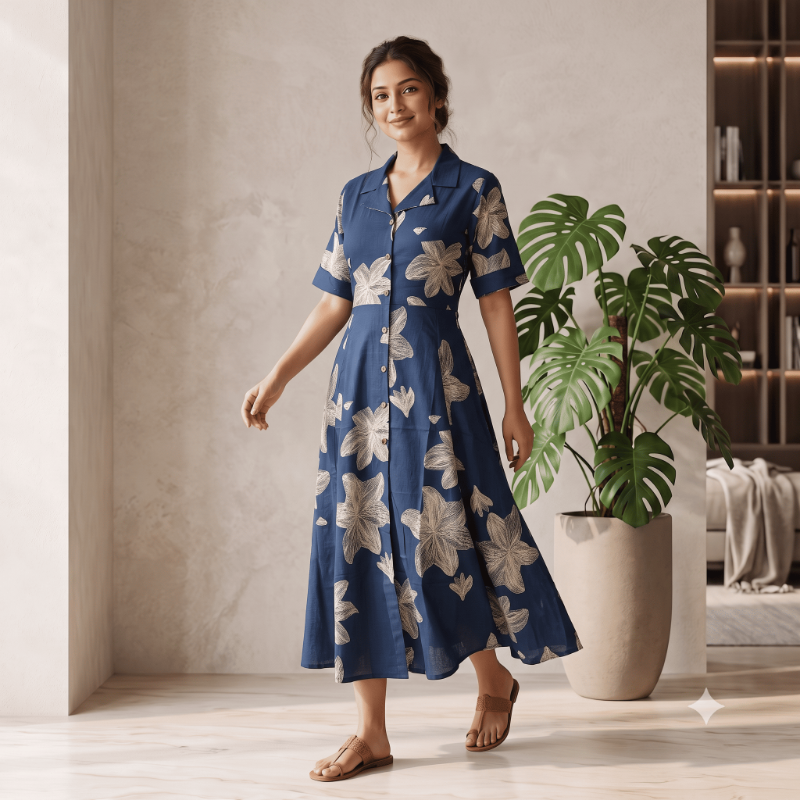 Anvita Floral Accent Teal Blue Shirt-Style Maxi Dress
