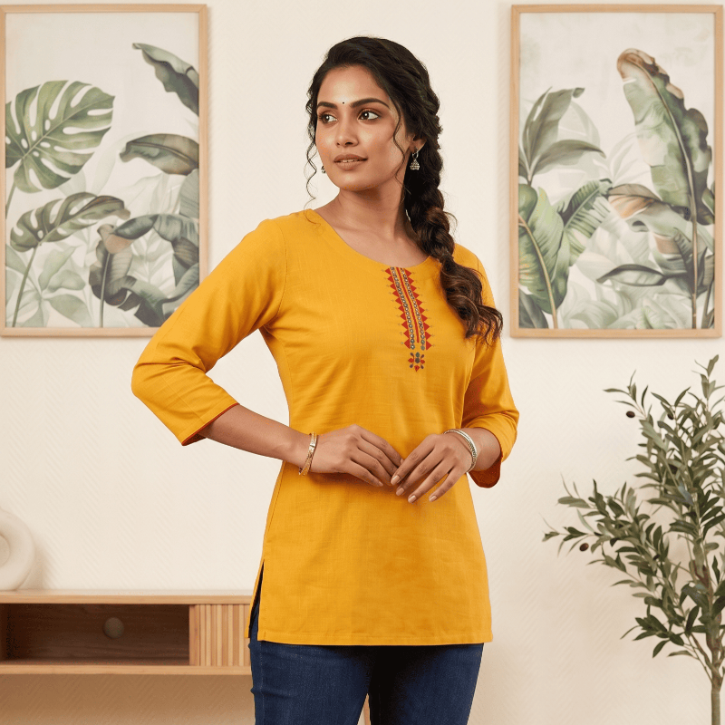 Vibrant Mustard Yellow Embroidered Neck Short Kurti