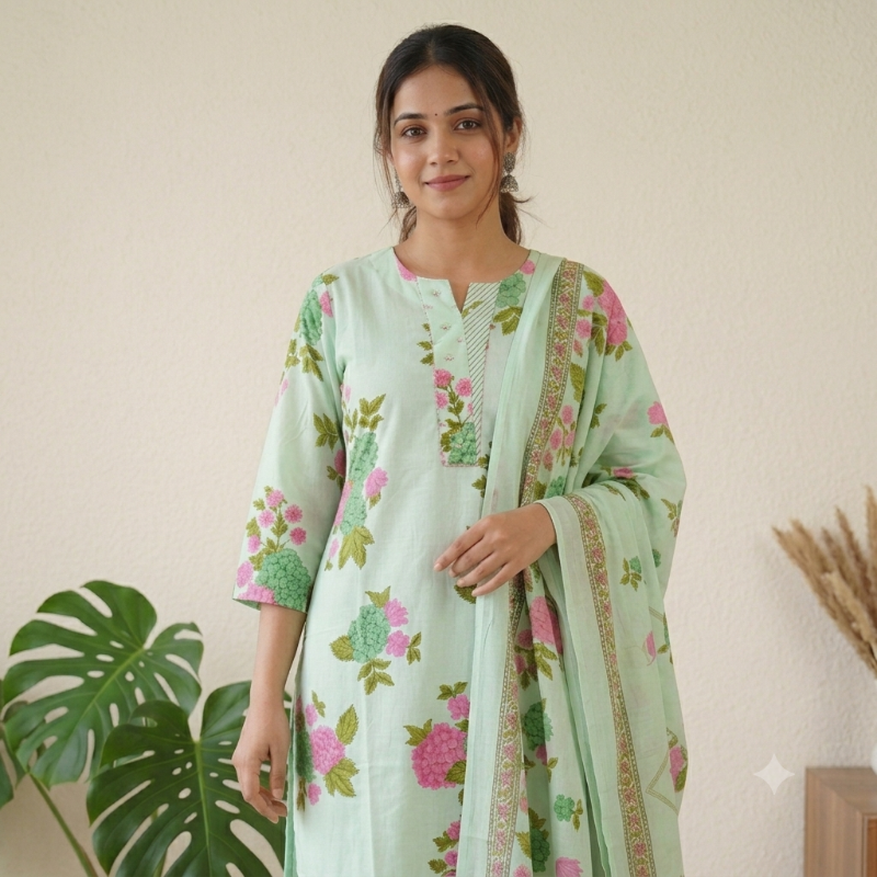 Light green Floral Block Print 3-Piece Kurta Set