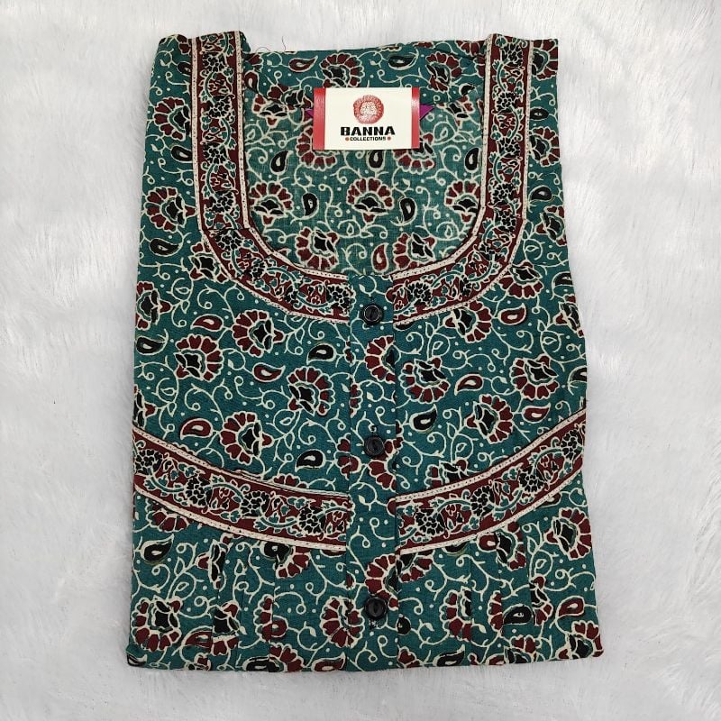 Teal Green Kalamkari/Ajrakh Print Cotton Nighty