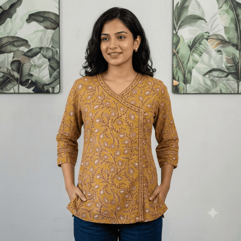 Mustard Yellow Kalamkari Floral Angrakha Short Kurti
