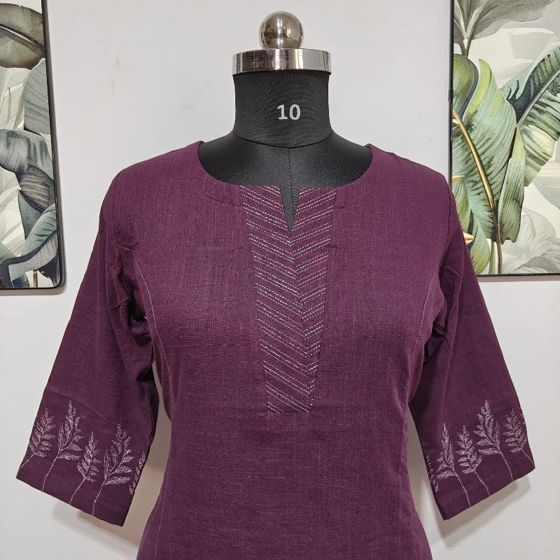 Anvita Deep Purple Embroidered Linen Kurti / Long Top