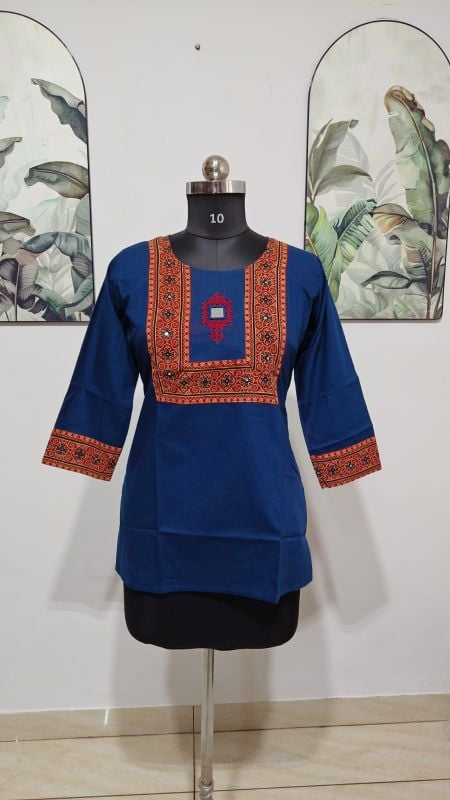 Royal Blue Ethnic Printed Yoke Short Kurti