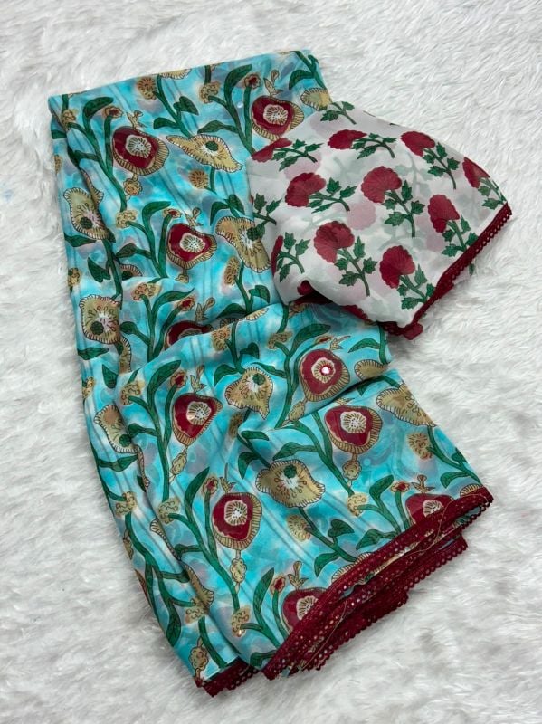 Light Blue Floral Georgette Saree with Kalamkari-Inspired Prints & Foil Mirror Details