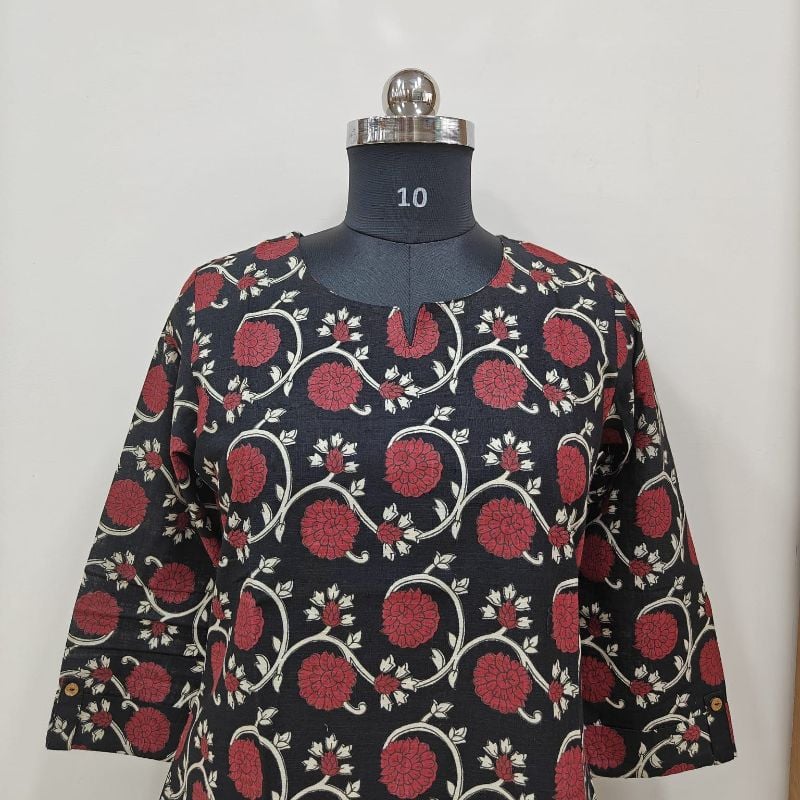 Floral Printed Black Short Kurti / Top