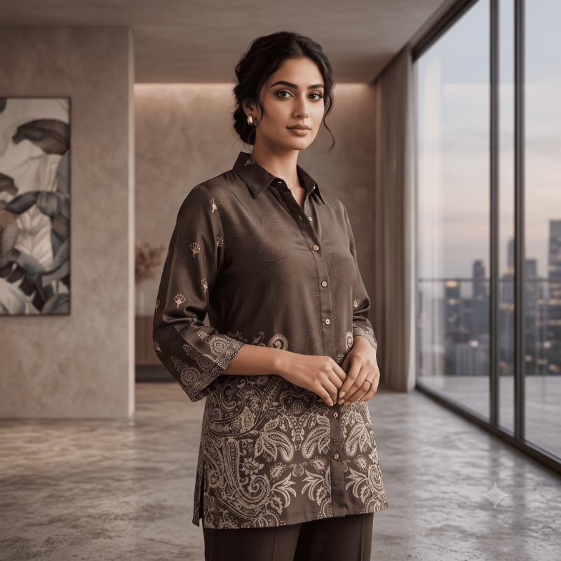 Elegance Dark Brown Paisley Crepe Top