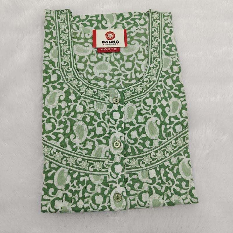 Light Green & White Batik Print Cotton Nighty
