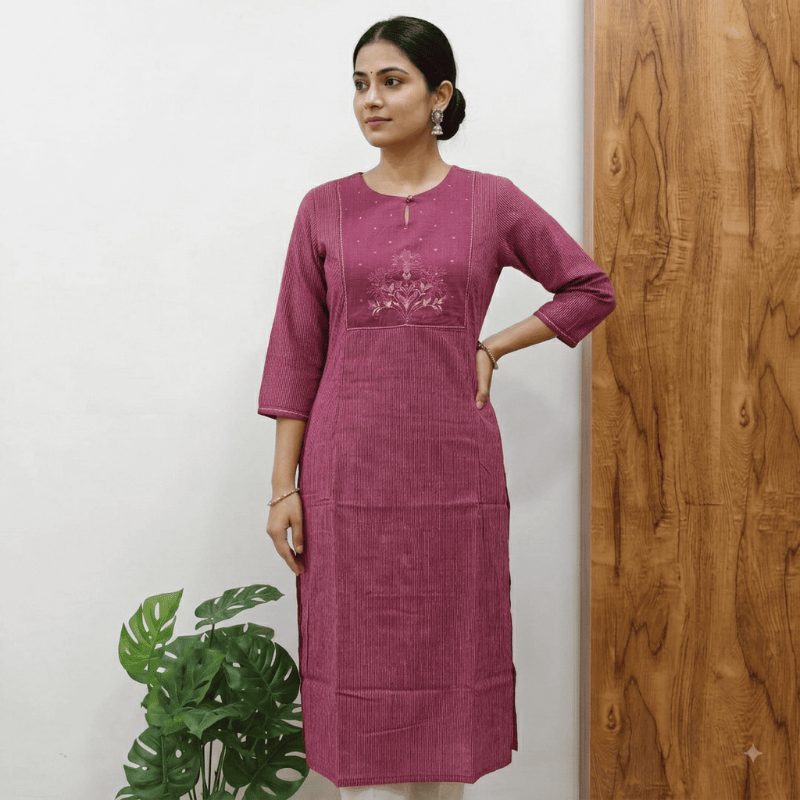Anvita brand Plum Striped Kurti with Floral Yoke Embroidery