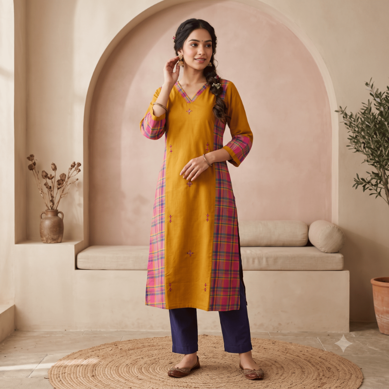 Mustard Yellow A-Line Kurti with Madras Checks Detailing