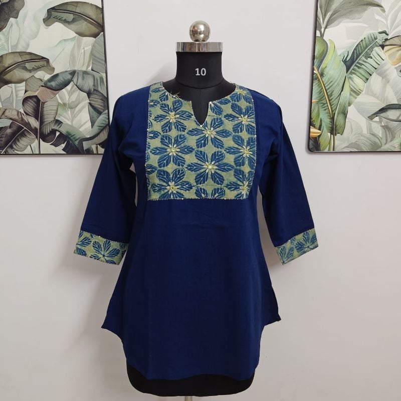 Navy Blue Handcrafted Floral Yoke Cotton short Top