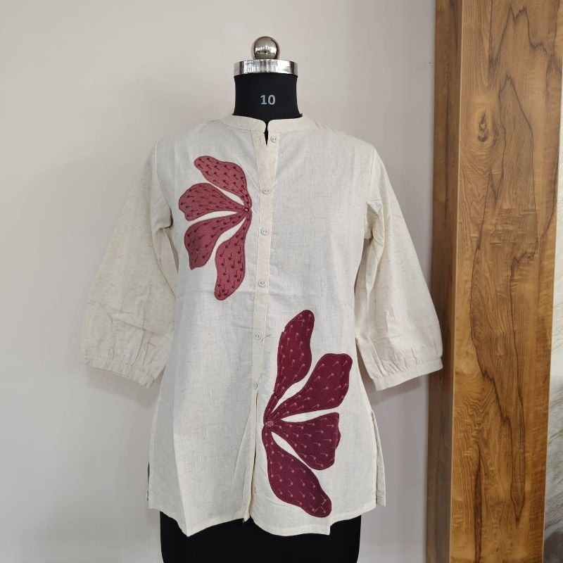 Cream base with deep maroon Short Kurti