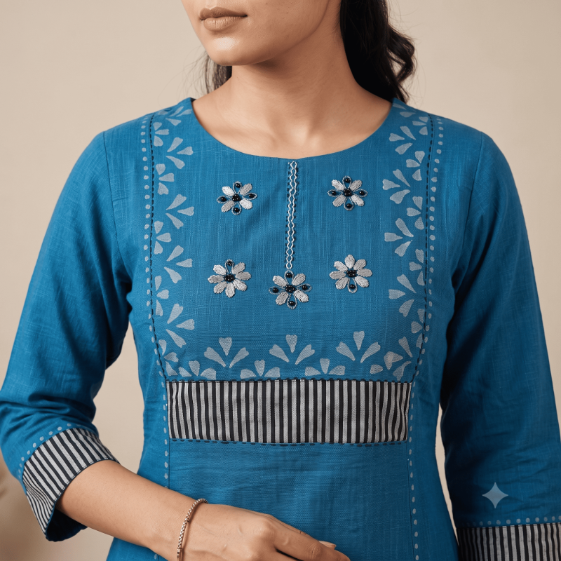 Anvita brand Navy Blue Geometric Embroidered Kurti