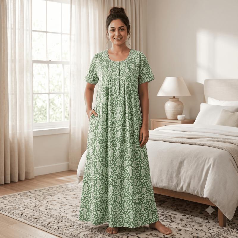 Light Green & White Batik Print Cotton Nighty
