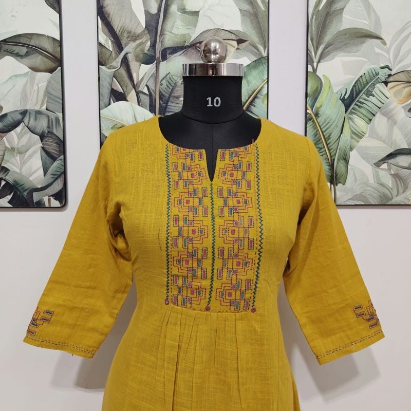 Anvita Mustard Yellow Kantha Thread Embroidered Kurta