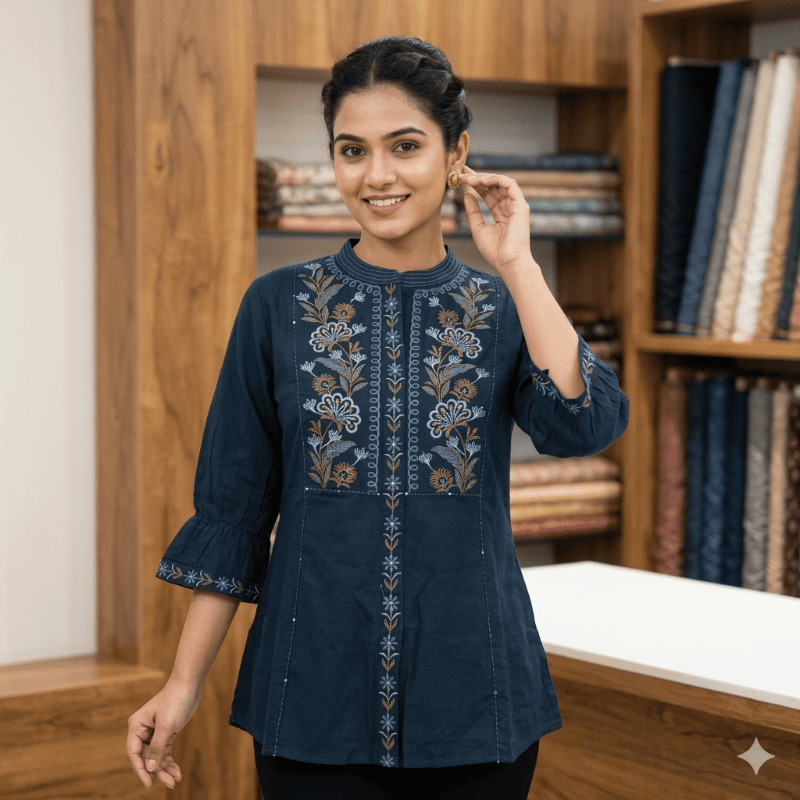 Elegant Navy Blue Embroidered Short Kurti