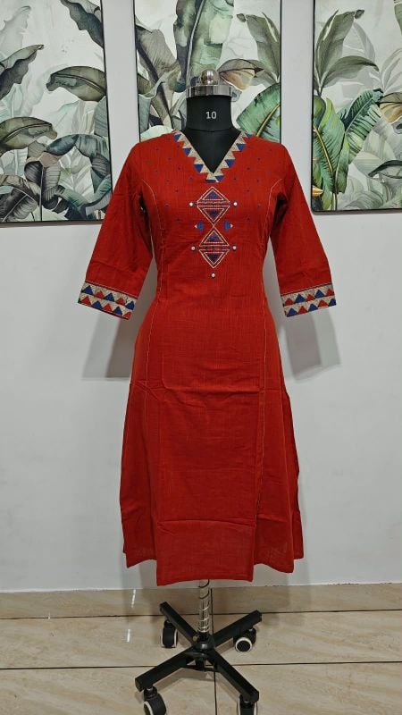 Anvita Rust Red Geometric V-Neck Embroidered Kurta