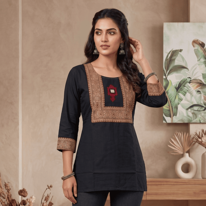 Black Printed Yoke Short Kurti
