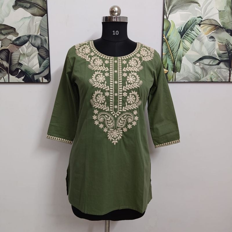 Olive Green Floral Kashmiri Embroidery Short Kurti