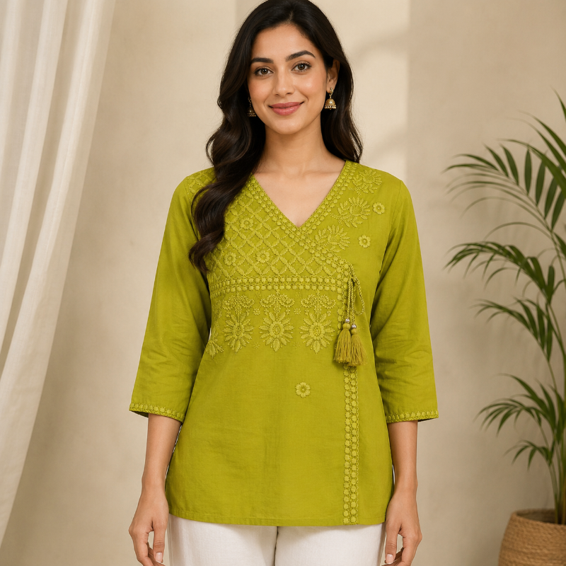Lime Green Embroidered Short Kurti