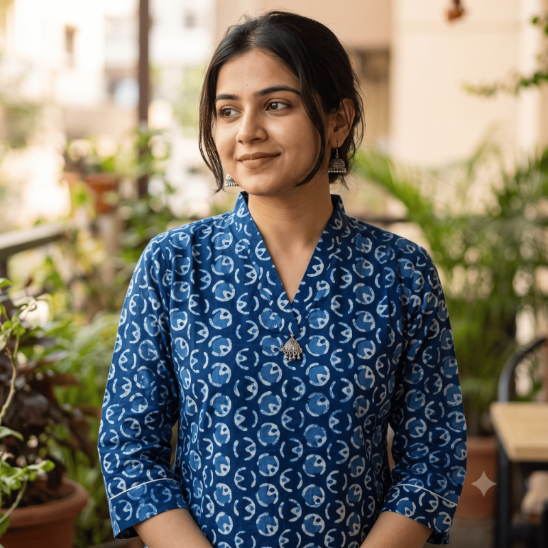 Anvita Indigo Blue Printed Short Kurti