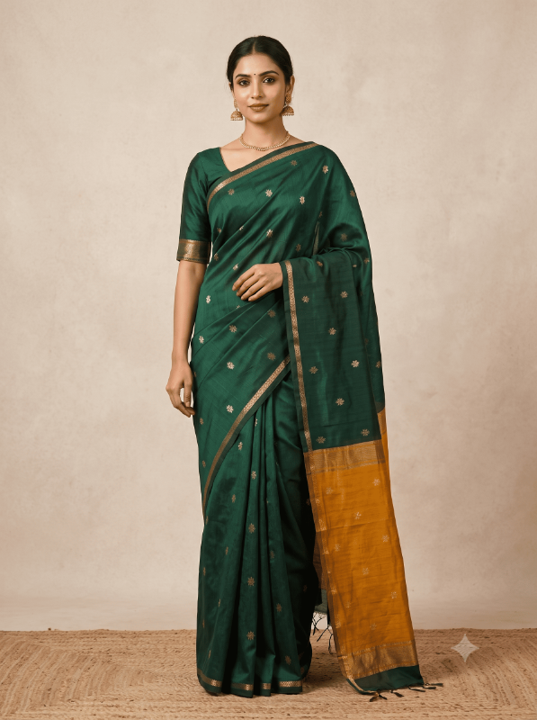 Semi Maheshwari Cotton Saree – Bottle Green & Mustard Yellow