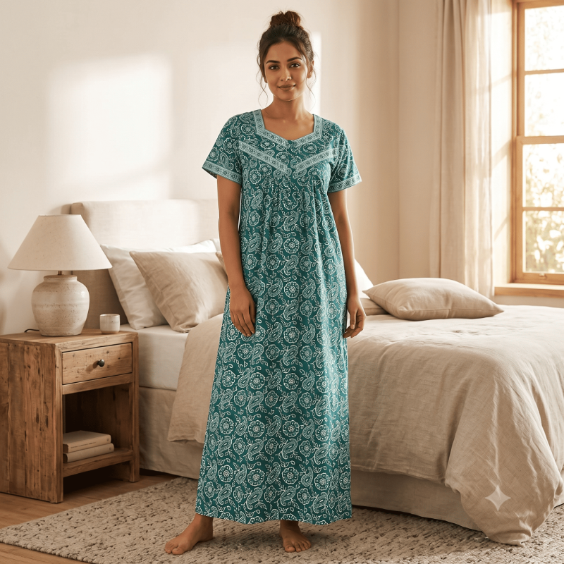 Sea Green Kalamkari/Batik Print Cotton Nighty