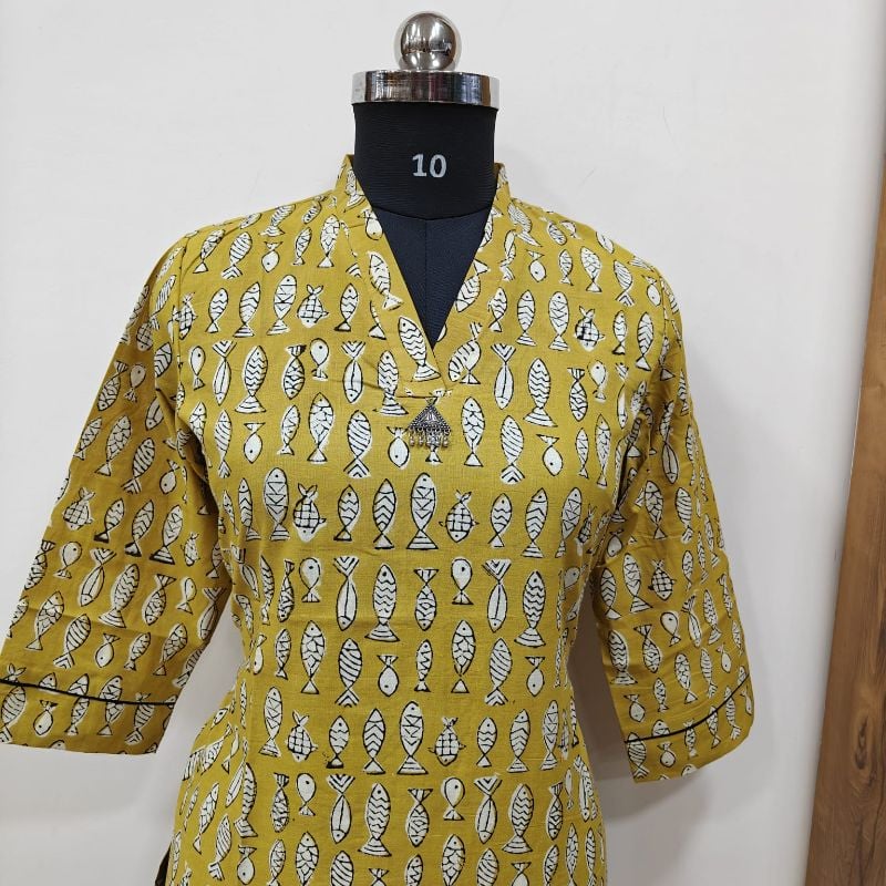 Anvita Mustard Floral Block-Printed Short Kurti