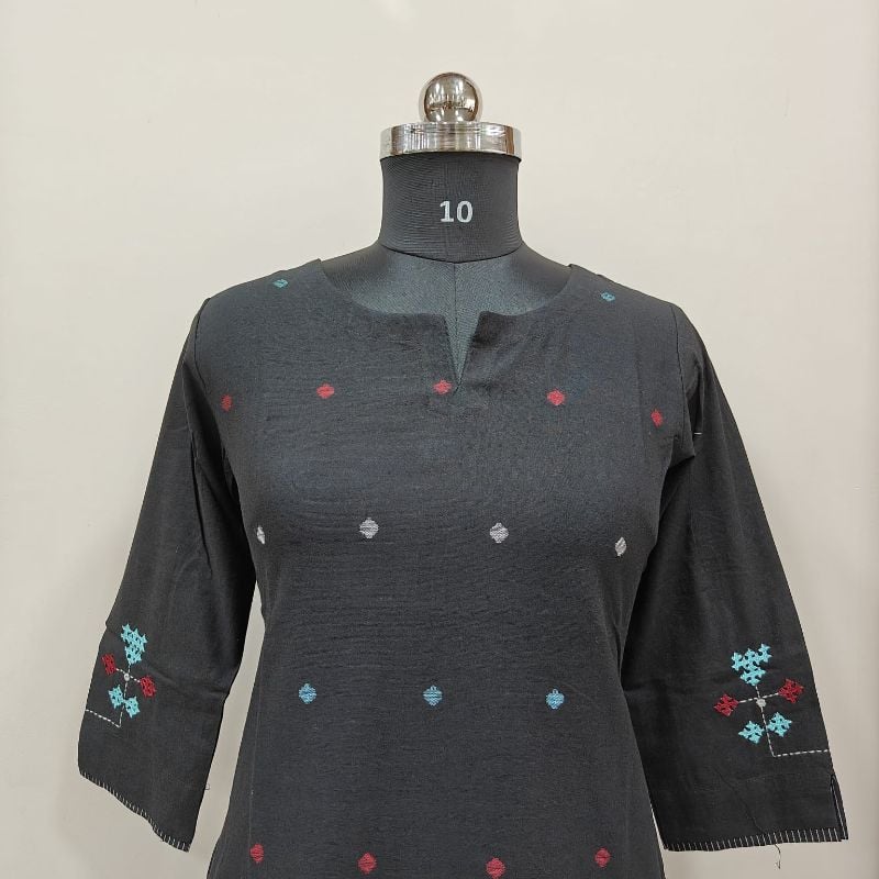 Anvita Black Cotton Kurti with Embroidery