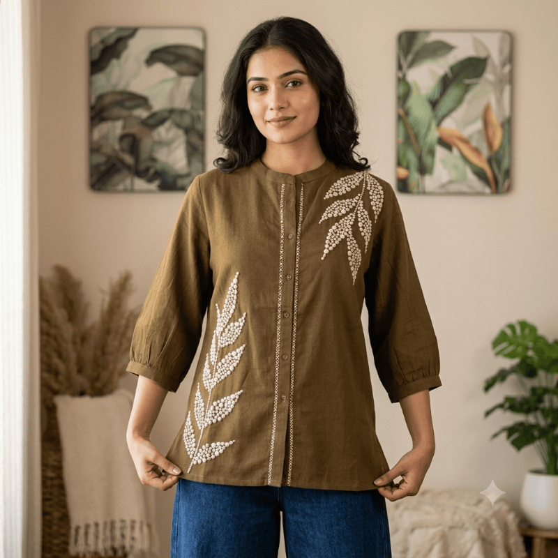 Olive Green Botanical Knot-Embroidered Shirt Kurti