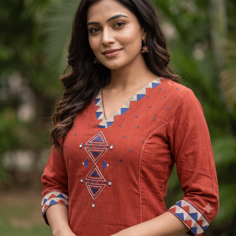 Anvita Rust Red Geometric V-Neck Embroidered Kurta