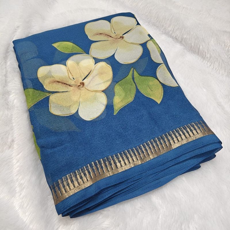 Elegant Ocean Blue Floral Chiffon Saree with Zari Border