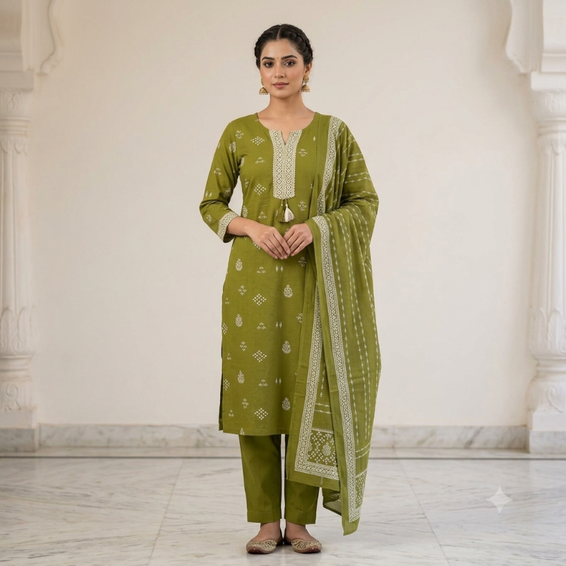 Green Printed 3-Piece Kurta Set