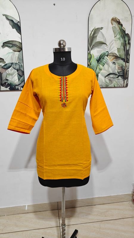 Vibrant Mustard Yellow Embroidered Neck Short Kurti