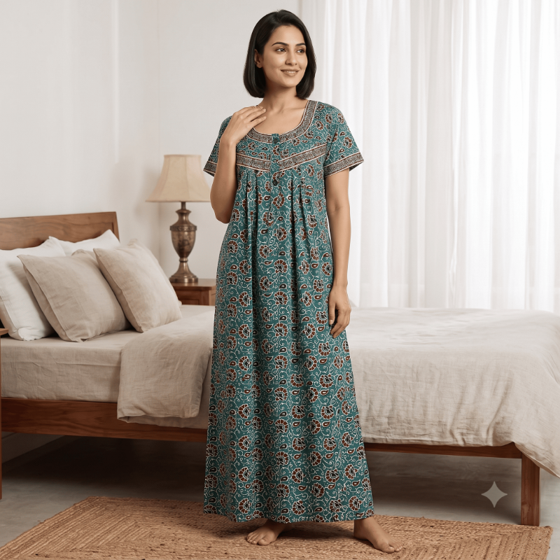 Teal Green Kalamkari/Ajrakh Print Cotton Nighty