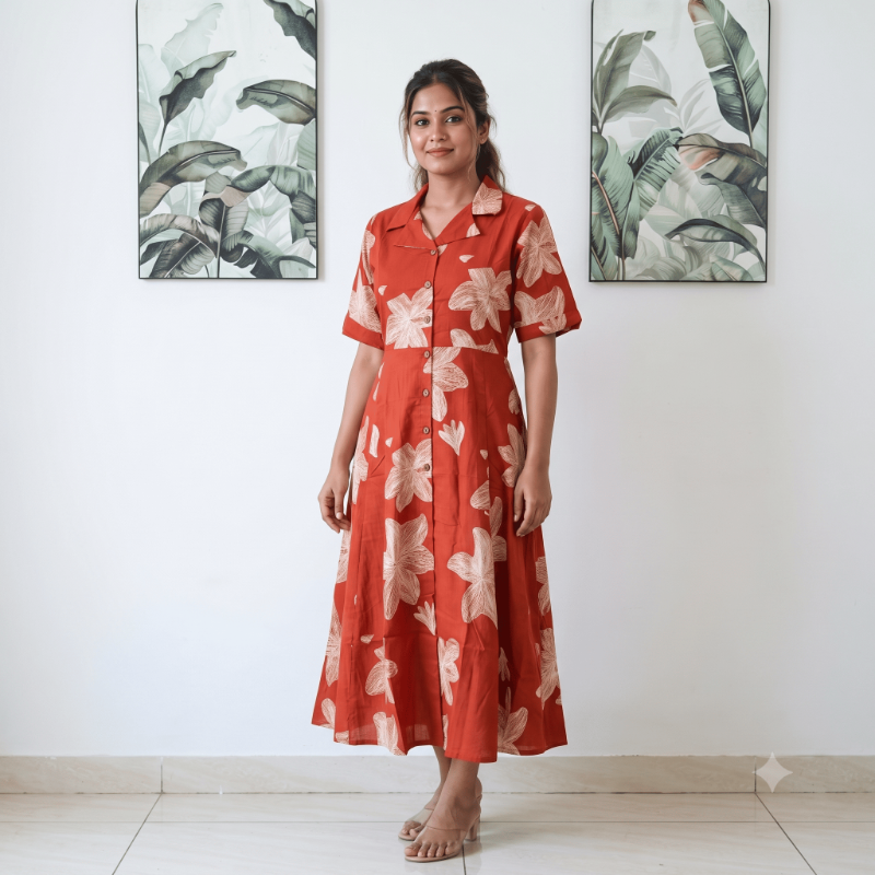 Anvita Rust orange with Cream Print Floral Shirt-Style Maxi Dress