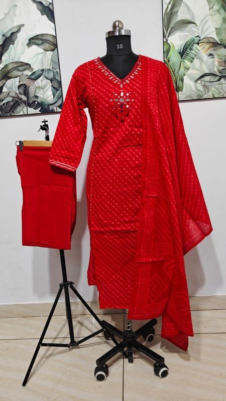 Vibrant Red Leheriya Print 3-Piece Kurta Set with Mirror Work Neckline