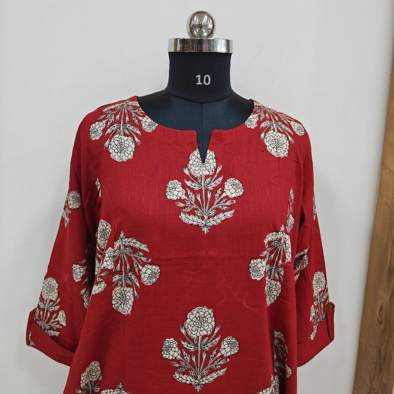 Anvita Red Block Print Slub Cotton Kurti