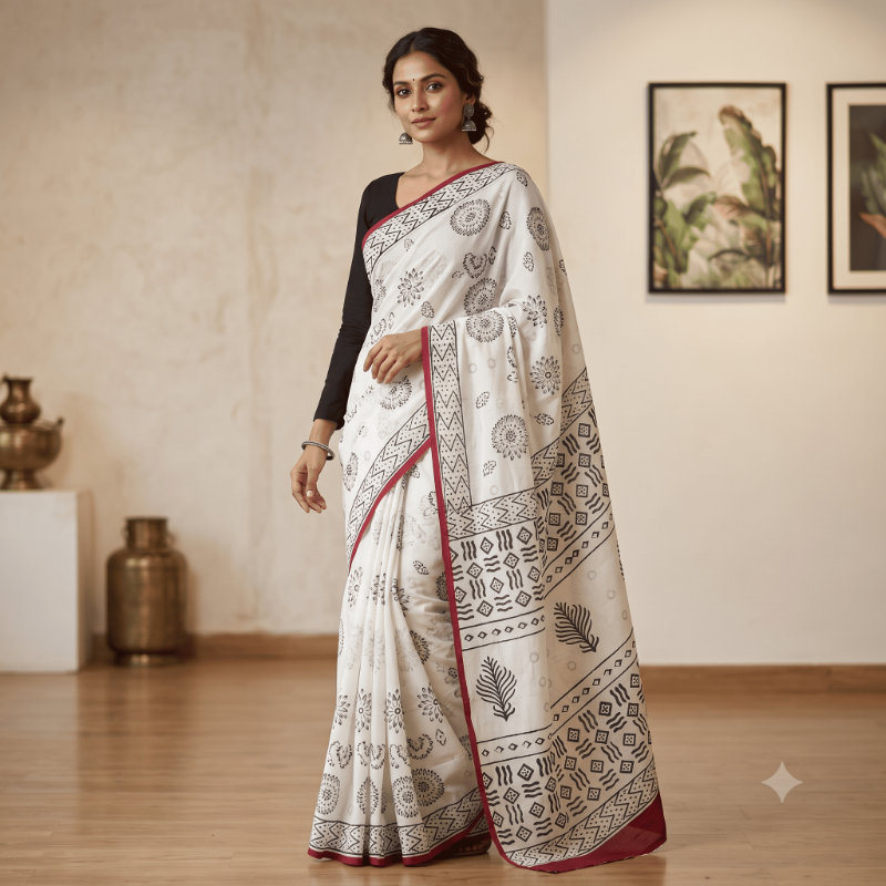Classic White & Black Block-Printed Mul Cotton Saree