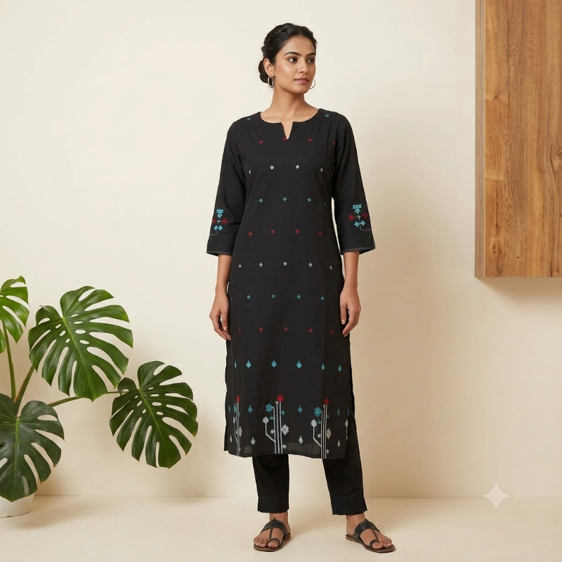 Anvita Black Cotton Kurti with Embroidery